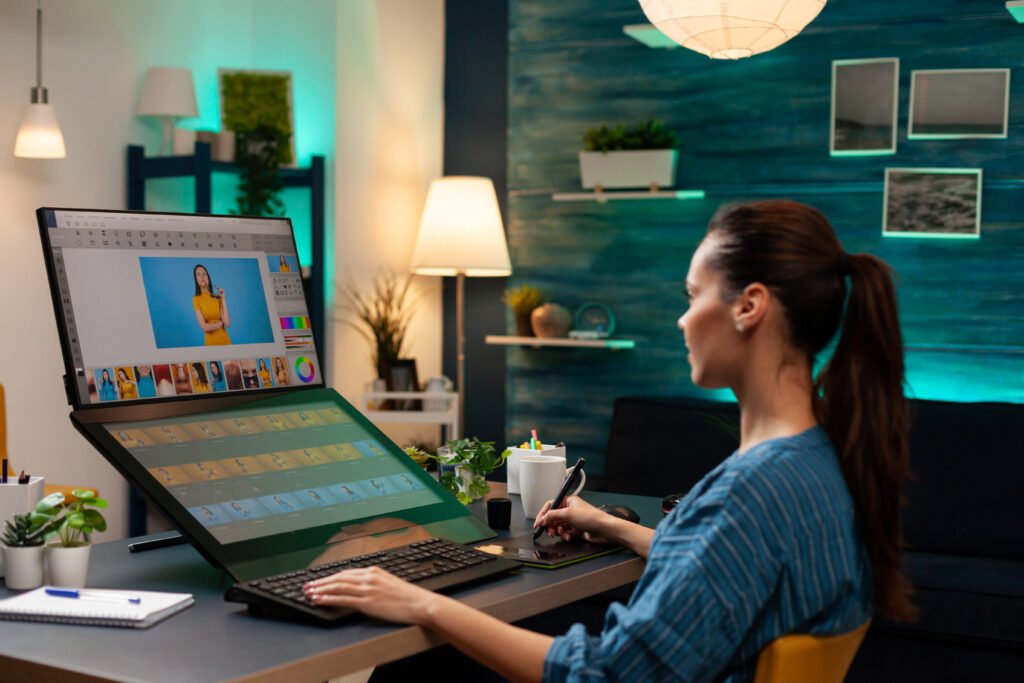 Retouch Studio Worker Editing Picture Model Photography Agency Caucasian Artistic Creative Woman Looking Computer Monitor Screen Photo Retouching Template Software 1024x683