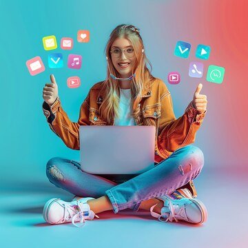 Woman Is Sitting Floor With Laptop His Legs Plain Background 1269188 29052